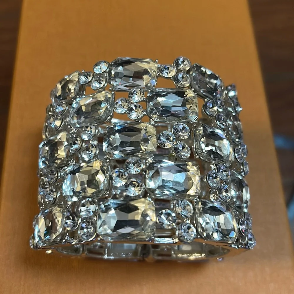 📌 📍 Wide Wedding Bridal Crystal Rhinestone Stretch‎ Chunky Statement Bangle B…